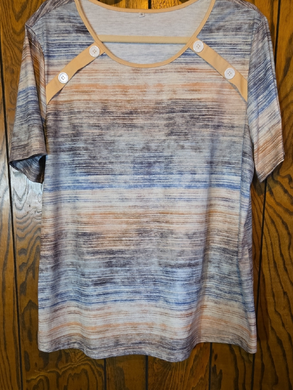 Striped Short Sleeve Top with Button Detail - Blue & Tan